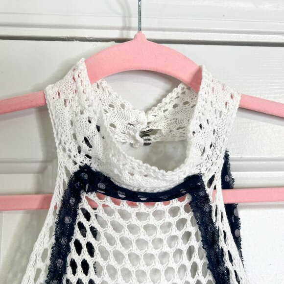 Free People Mandolin White and Navy Blue Crochet High Neck Halter Top - Picture 5 of 7